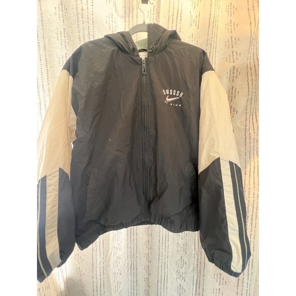 Vintage Nike Jacket Big Logo Hooded Bomber Puffer Coat 90s Black White Sz L